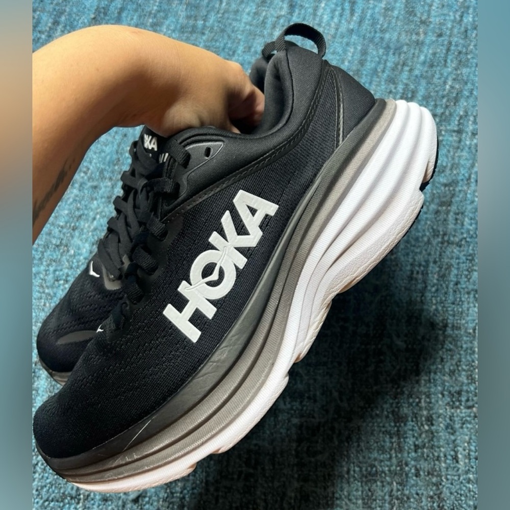 Hoka One One Bondi 8 Running Shoes in Black White - Picture 5 of 9